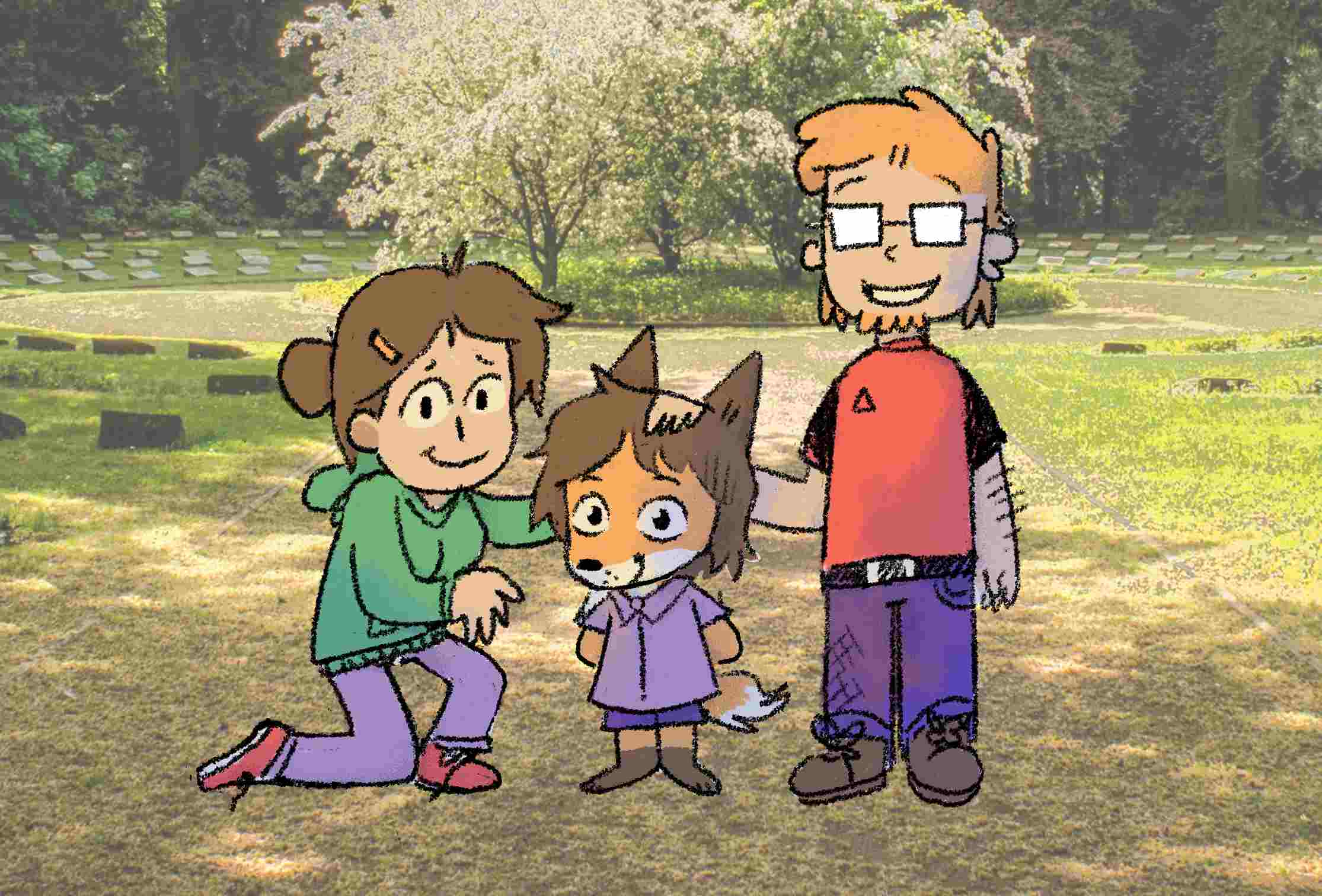 charlie and her parents stand in a park, looking into the camera and smiling. The park in the background is a photograph, whereas the characters in the foreground are a stylised drawing. Charlie, an anthrophomorphic fox, is wearing a purple polo and slightly darker purple pants. Her dad has short orange hair that goes to the side, square glasses, and a beard on his chin. Her dad is wearing a red T-Shirt with a triangle on the top part of his chest and black arm sleeves, as well as purple pants and brown shoes. He is leaning his arm over on to Charlie's head. Charlie's mum has brown hair with an orange clip in said hair. She is wearing light purple pants, red shoes and a green hoodie with pockets. She is leaning over to charlie too, with one knee on the ground. The shoes of Charlie's mum are untied, with the laces lying partially on the floor.